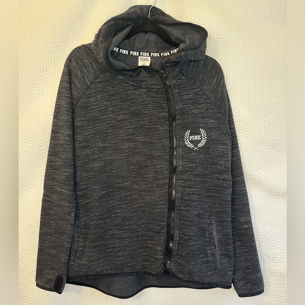 PINK Victoria’s Secret Black Full Zip Hoodie Jacket White Stripe Logo Large